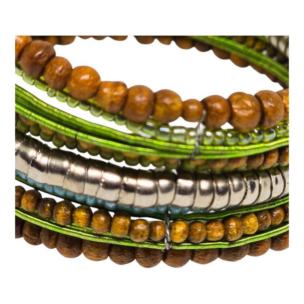 Boho Memory Wire Wrap Bracelet Green Wood Bead Multi Strand Coil - Picture 6 of 6
